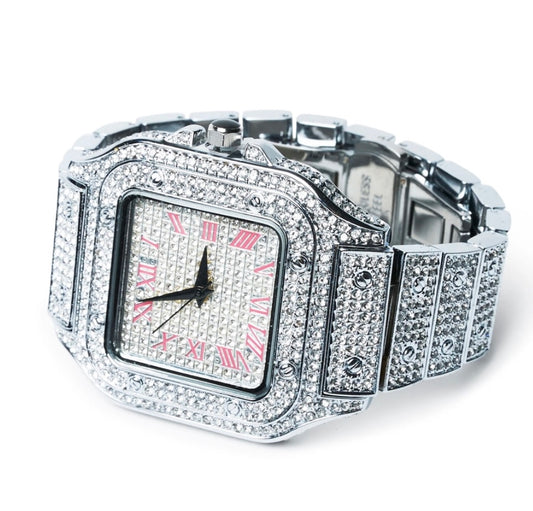 Iced Out Watch - Silver Pink