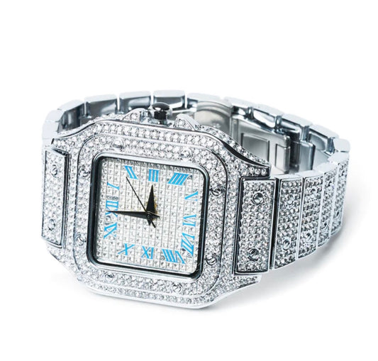 Iced Out Watch - Silver Blue